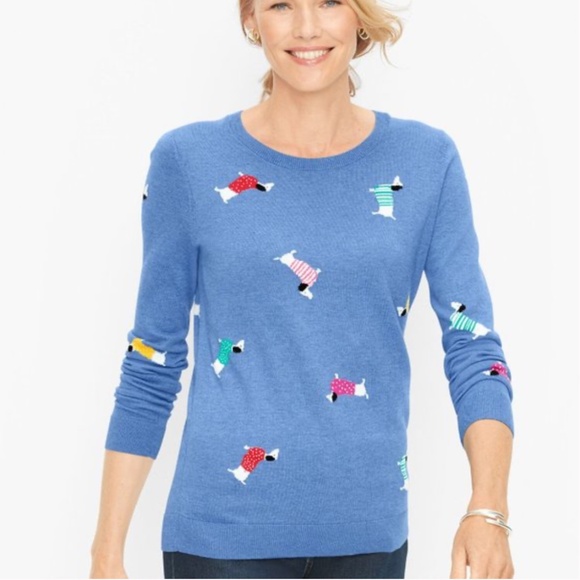 NWT Talbots Dachshund Dog Print Lightweight Sweater Blue Size Medium - Picture 1 of 11